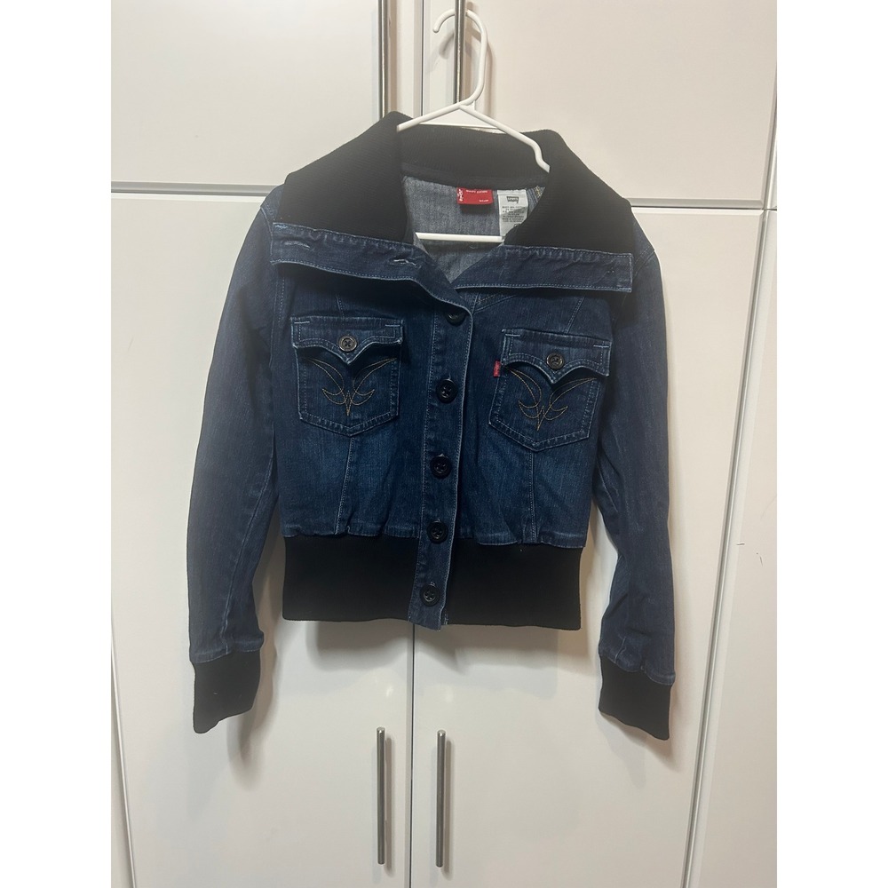 Levis Womens Denim Bomber Jacket Dark Wash Ribbed Trim Stretch Blue Medium